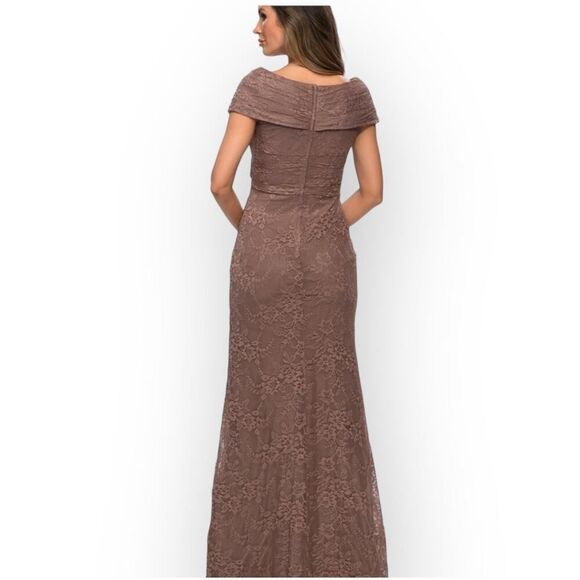 La Femme 27982 Gown Women's 2 Cocoa V-Neck Off Shoulder Knit Lace Long Dress - Picture 2 of 7